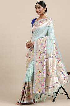 Light blue woven Banarasi silk blend saree with blouse