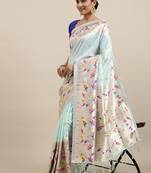 Light blue woven Banarasi silk blend saree with blouse