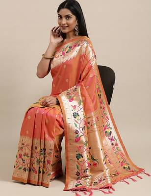 Peach woven Banarasi silk blend saree with blouse 1