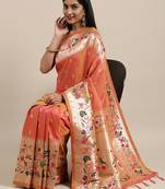 Peach woven Banarasi silk blend saree with blouse