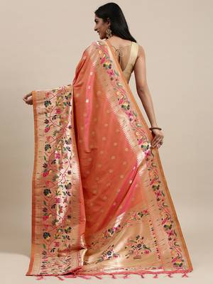 Peach woven Banarasi silk blend saree with blouse 2