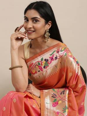 Peach woven Banarasi silk blend saree with blouse 3