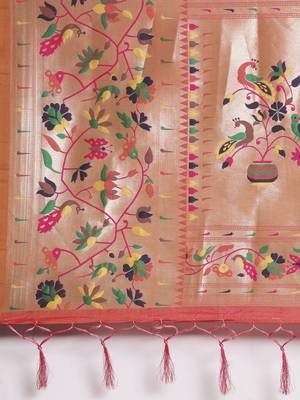 Peach woven Banarasi silk blend saree with blouse 4