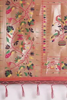 Peach woven Banarasi silk blend saree with blouse