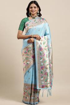 Blue woven banarasi silk saree with blouse