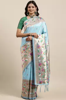 Blue woven banarasi silk saree with blouse