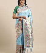 Blue woven banarasi silk saree with blouse