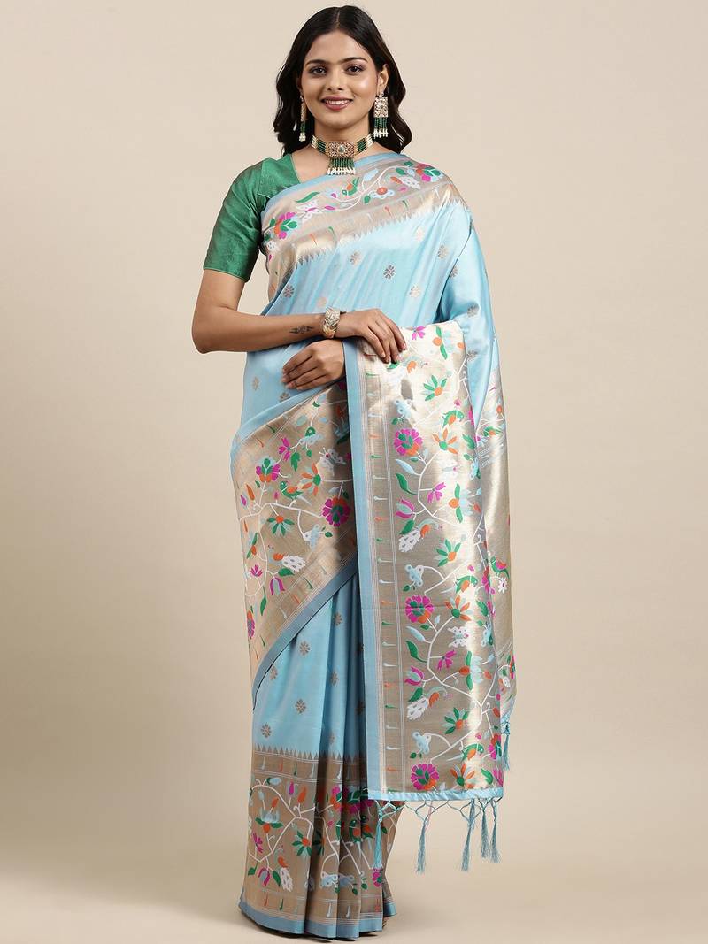 Blue woven banarasi silk saree with blouse