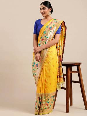 Yellow woven Banarasi silk blend saree with blouse 1