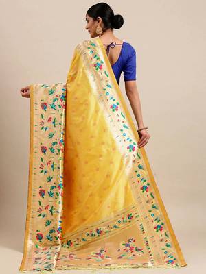 Yellow woven Banarasi silk blend saree with blouse 2