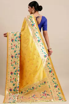 Yellow woven Banarasi silk blend saree with blouse