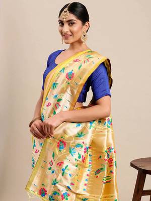 Yellow woven Banarasi silk blend saree with blouse 3