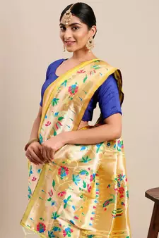 Yellow woven Banarasi silk blend saree with blouse