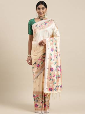 White woven Banarasi silk blend saree with blouse 1