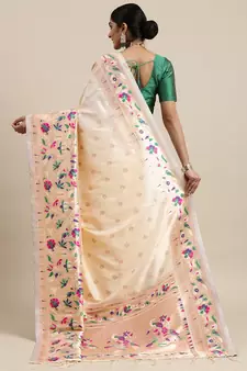 White woven Banarasi silk blend saree with blouse