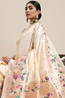 White woven Banarasi silk blend saree with blouse