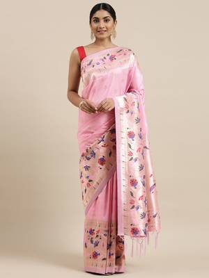 Light pink woven Banarasi silk blend saree with blouse 1