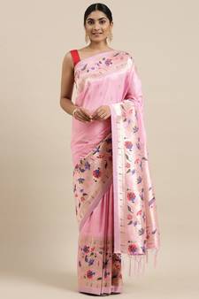 Light pink woven Banarasi silk blend saree with blouse