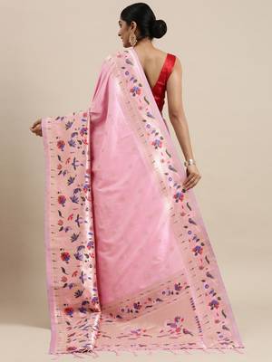 Light pink woven Banarasi silk blend saree with blouse 2