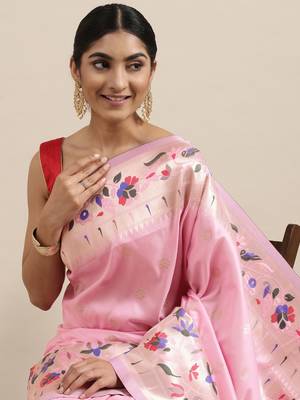 Light pink woven Banarasi silk blend saree with blouse 3