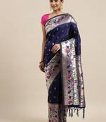 Navy blue woven Banarasi silk blend saree with blouse