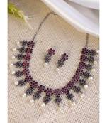 Oxidised Silver Toned Floral Red Necklace Set