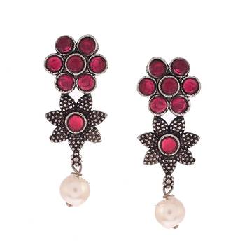 Oxidised Silver Toned Floral Red Necklace Set 2