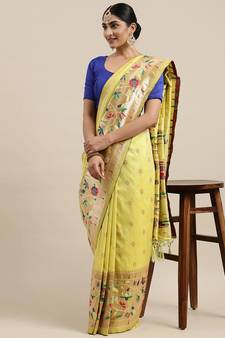 Light yellow woven Banarasi silk blend saree with blouse