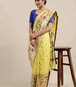 Light yellow woven Banarasi silk blend saree with blouse