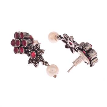 Oxidised Silver Toned Floral Red Necklace Set 3