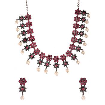 Oxidised Silver Toned Floral Red Necklace Set 4