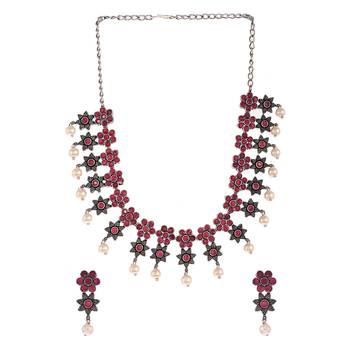 Oxidised Silver Toned Floral Red Necklace Set 5