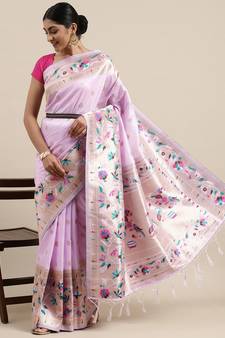 Light violet woven Banarasi silk blend saree with blouse