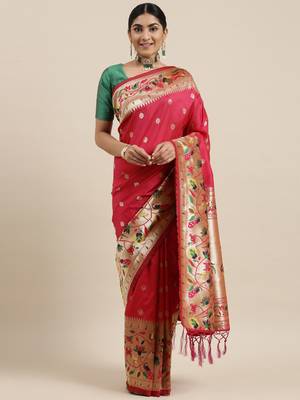 Pink woven banarasi silk saree with blouse 1