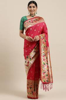 Pink woven banarasi silk saree with blouse