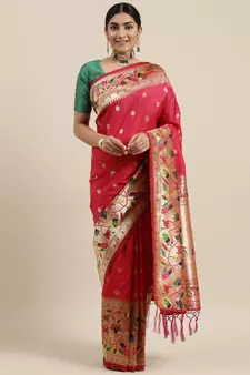 Pink woven banarasi silk saree with blouse