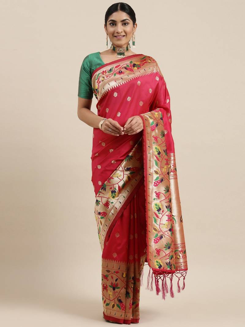 Pink woven banarasi silk saree with blouse