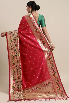 Pink woven banarasi silk saree with blouse