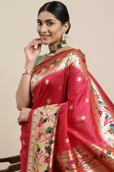 Pink woven banarasi silk saree with blouse