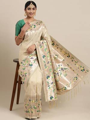 Cream woven Banarasi silk blend saree with blouse 1