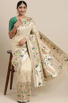 Cream woven Banarasi silk blend saree with blouse