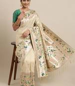 Cream woven Banarasi silk blend saree with blouse