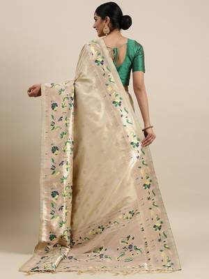 Cream woven Banarasi silk blend saree with blouse 2