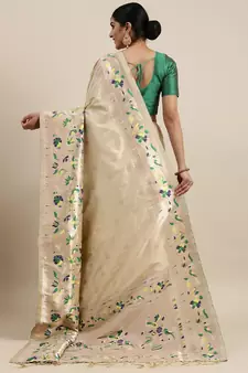 Cream woven Banarasi silk blend saree with blouse