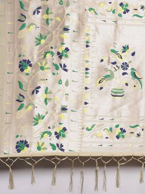 Cream woven Banarasi silk blend saree with blouse 4