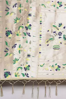 Cream woven Banarasi silk blend saree with blouse
