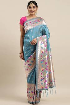 Dark teal woven Banarasi silk blend saree with blouse