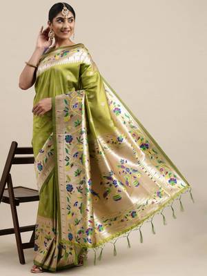 Mehendi woven Banarasi silk blend saree with blouse 1