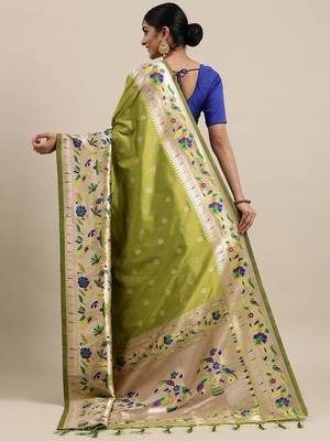 Mehendi woven Banarasi silk blend saree with blouse 2