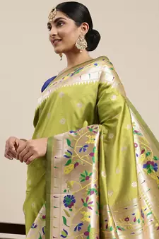 Mehendi woven Banarasi silk blend saree with blouse